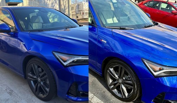 Two blue Acura Integra cars side-by-side, angled forward, revealing front sides, headlights, and wheels.
