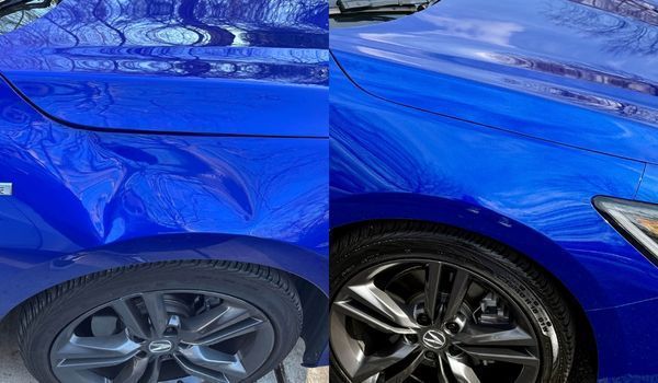 Blue car dent before and after repair, showing the damaged fender and wheel before and a smooth, repainted finish afterward.