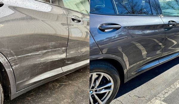 Side-by-side comparison of a gray car's damaged side before and after repair, showing significant scratch removal.