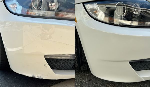 White car bumper, before and after repair, showing scratch removal.