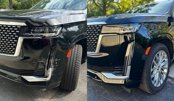 Black SUV before and after repair of front fender damage.