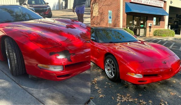 Red Corvette with damaged paint being restored; parked in front of a storefront.