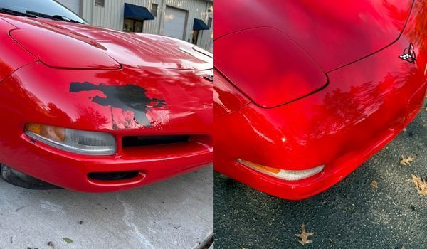 Before-and-after of a red Corvette's front. Paint is peeling on the left side, repaired on the right.