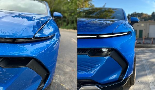 Damaged blue electric car front end before and after repair.