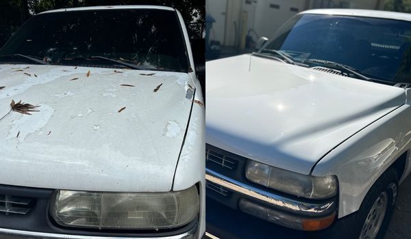 White pickup truck hood before and after detail, showing paint restoration.