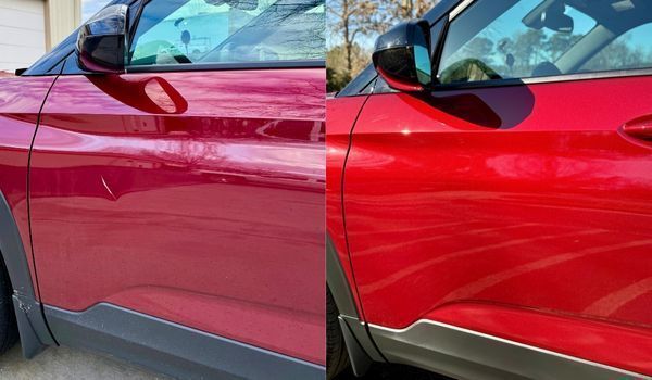 Comparison of a red car's side before (dull with scratches) and after (shiny and repaired) a paint restoration.