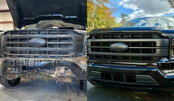 Comparison of a muddy black truck's front end (left) and a clean black truck's front end (right).