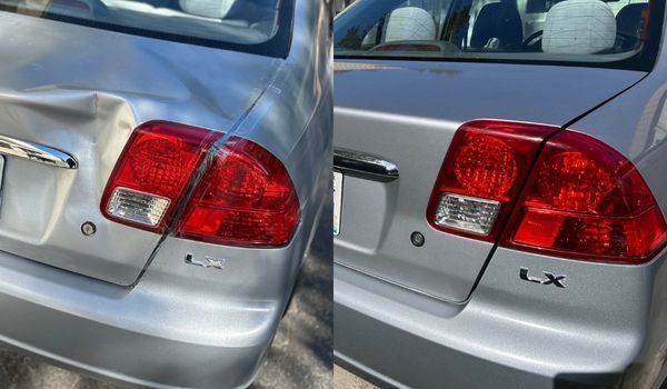 Silver car rear end dented, then repaired, showcasing body work.