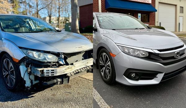 Silver car damaged in a collision, next to the same car after repair.