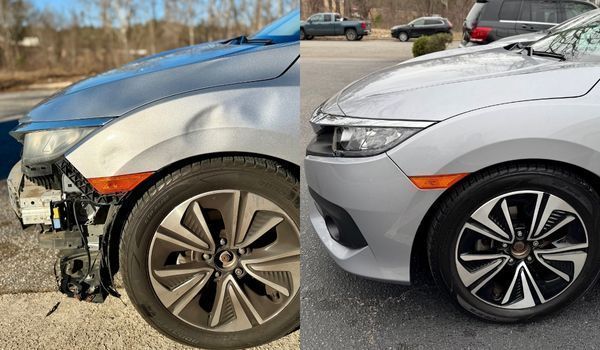 Silver Honda Civic with front-end damage on left, repaired and undamaged on right.