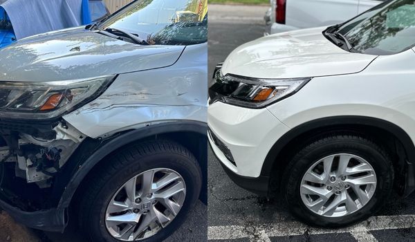 Before and after of a white SUV with front-end damage; repaired, appearing like new.