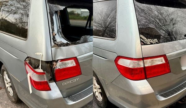 Silver minivan, before and after damage to the rear. Window shattered, body dented on the left side, then repaired.