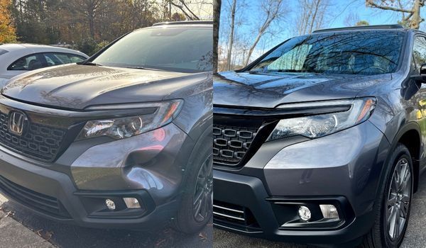 Two side-by-side shots of a dark gray Honda SUV. Front views. One wet, one dry.