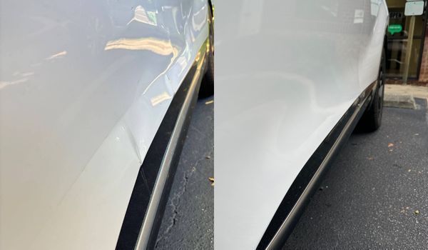 Two white car sides show a dent on the left, repaired on the right. Dark trim and asphalt are visible.