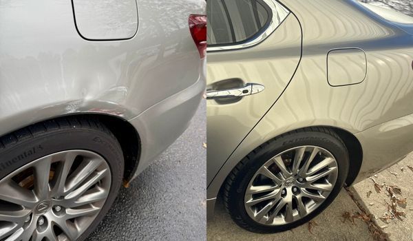 Before and after photos of a car with a dent in the rear quarter panel, showing it repaired. Silver paint.