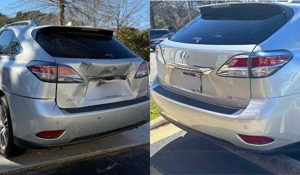 Silver Lexus RX with rear damage before and after repair.