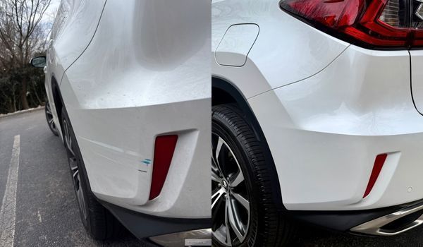 Before and after of white car bumper. One side has blue scratch, other side is fixed.