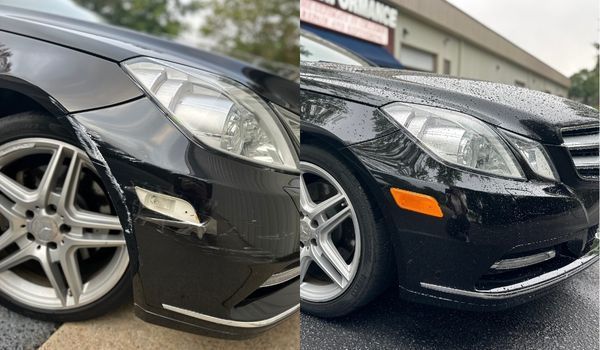 Before and after of a black Mercedes-Benz front bumper repair. Scratches on left; restored on right.