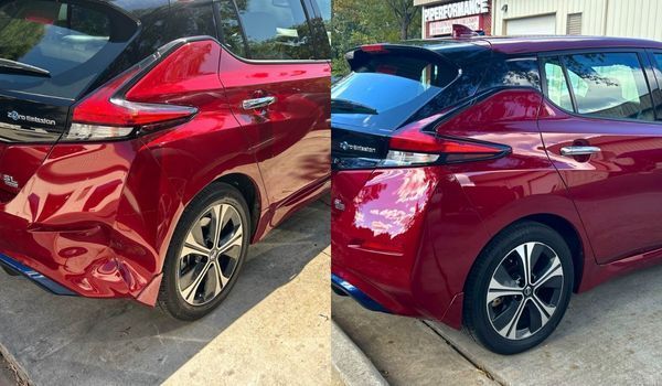 A red Nissan Leaf with a dented rear quarter panel before (left) and after repair (right).
