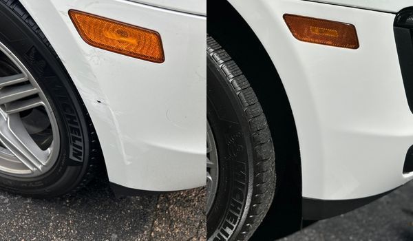 White car's front bumper showing damage. A side-by-side comparison displays before and after repair.
