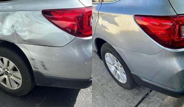 Before and after photos of a silver car's rear quarter panel. The left shows a dent and damage; the right, repaired.