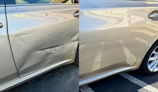 Side-by-side comparison of a car's damaged side panel (left) and repaired panel (right), both in beige.