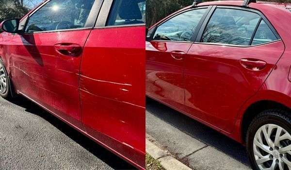 Red car with scratches on the side; the right side is unscratched.