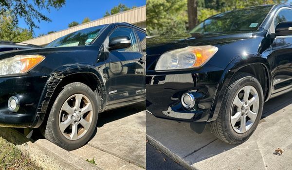 A black Toyota RAV4 with significant front-end damage next to the same car after repair.