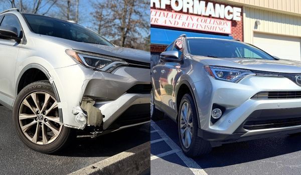 Damaged white Toyota SUV before and after repair at a collision shop.