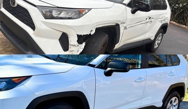 Damaged white Toyota RAV4 with front fender and bumper damage, compared to repaired car in a driveway.