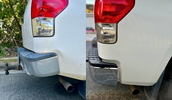 White truck rear quarter panel dent repair. Before and after view.