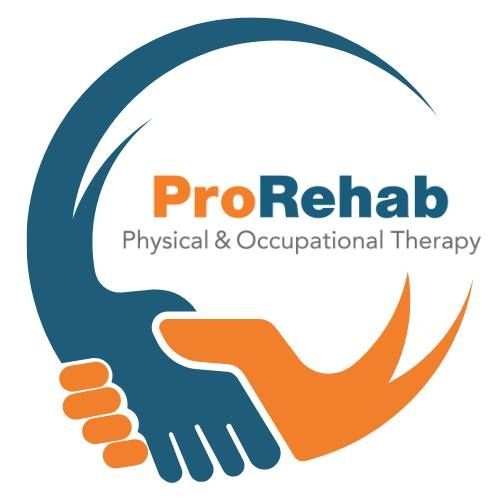 Logo for ProRehab: two hands shaking, one blue, one orange, inside a blue circle; text 