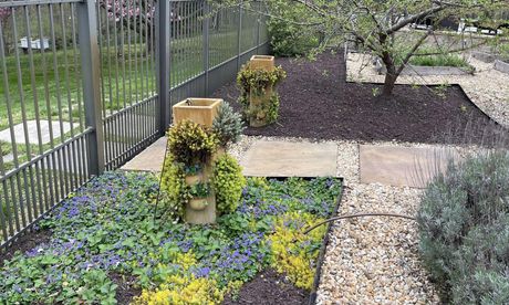 A garden with a fence and a walkway surrounded by plants and flowers.