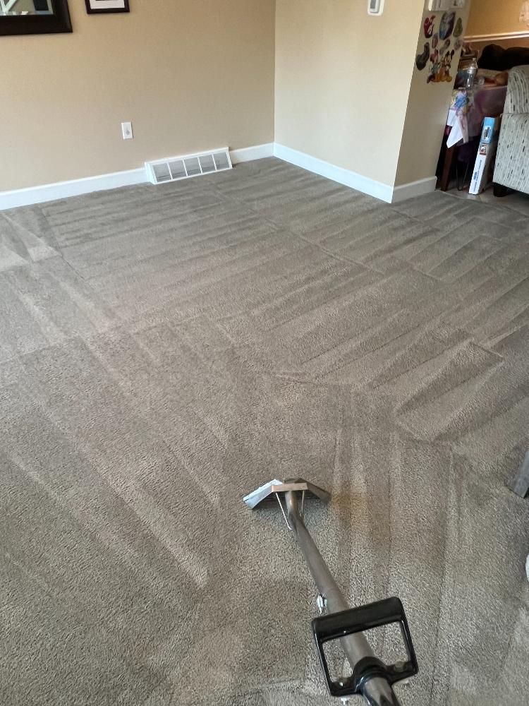 A vacuum cleaner is cleaning a carpet in a living room.