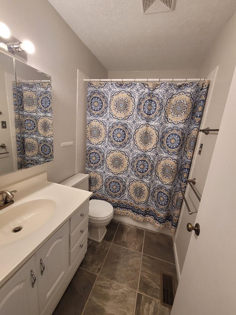 A bathroom with a toilet, sink, mirror and shower curtain.