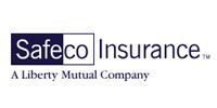 Safeco Insurance logo, text on white background: Safeco in white text on dark blue and white boxes, Insurance below.