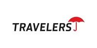 Travelers Insurance logo: Black text with a red umbrella icon.