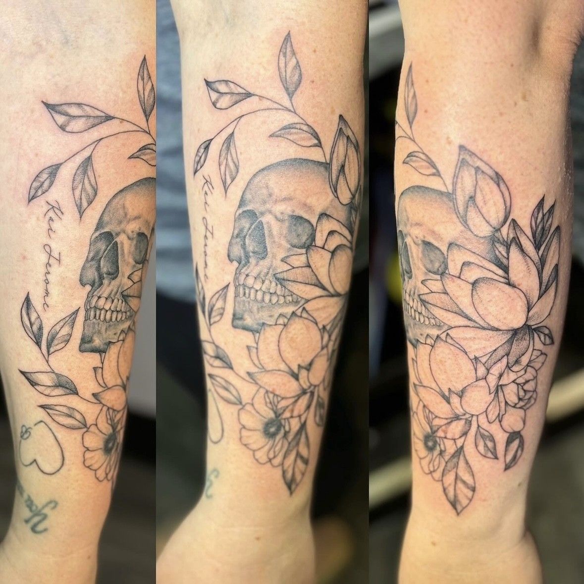 A woman has a tattoo of a skull and flowers on her leg