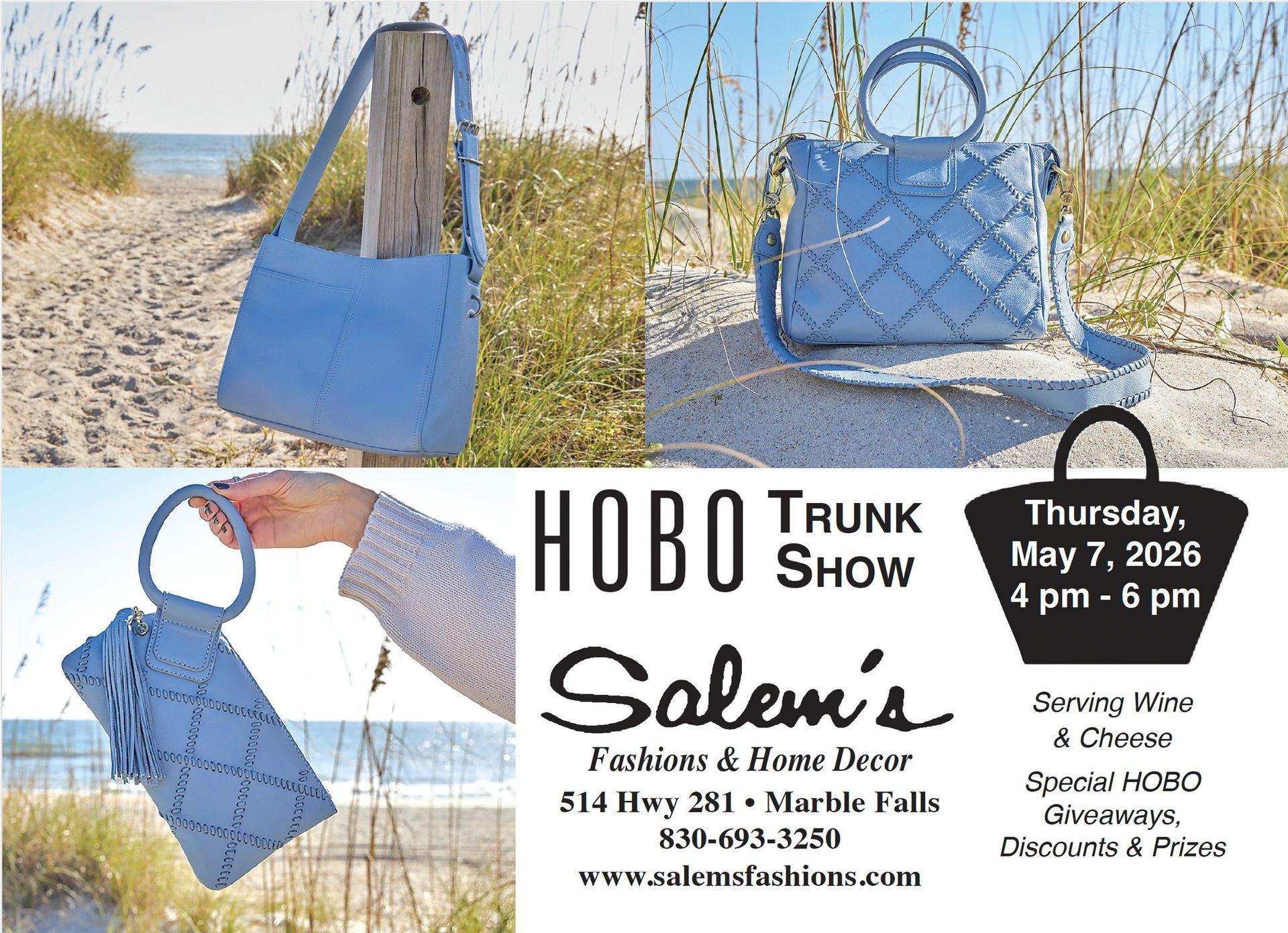 Blue quilted handbags displayed on a beach for a Hobo Trunk Show event flyer