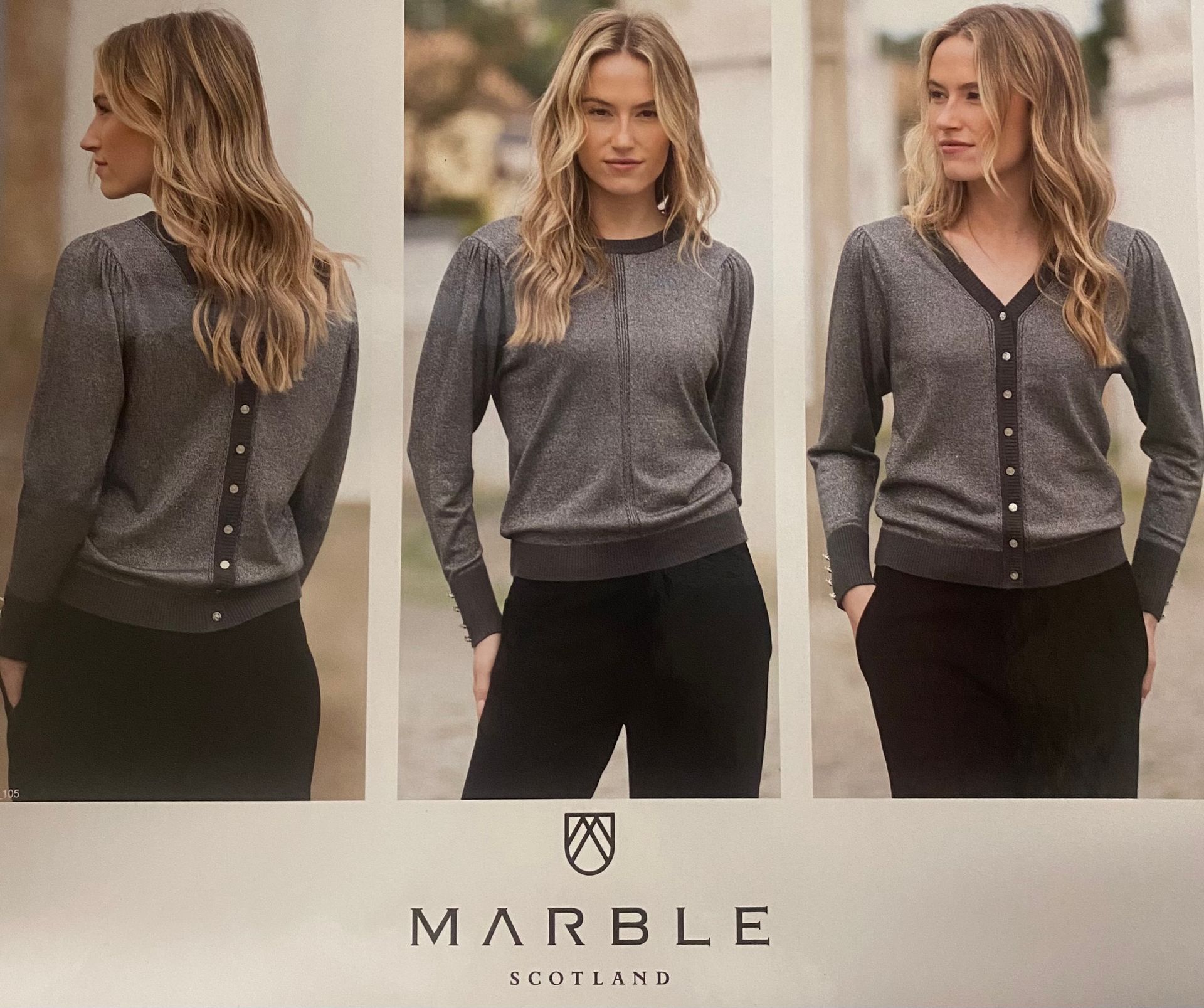 Three views of a woman in a gray sweater. Front, back, and buttoned cardigan style, all with black pants.