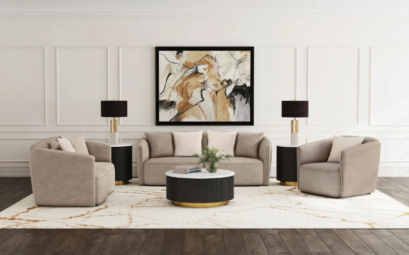 A living room with a couch , two chairs , a coffee table and a painting on the wall.