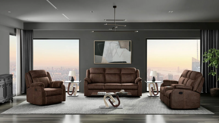A living room with a couch , two chairs , and a coffee table.
