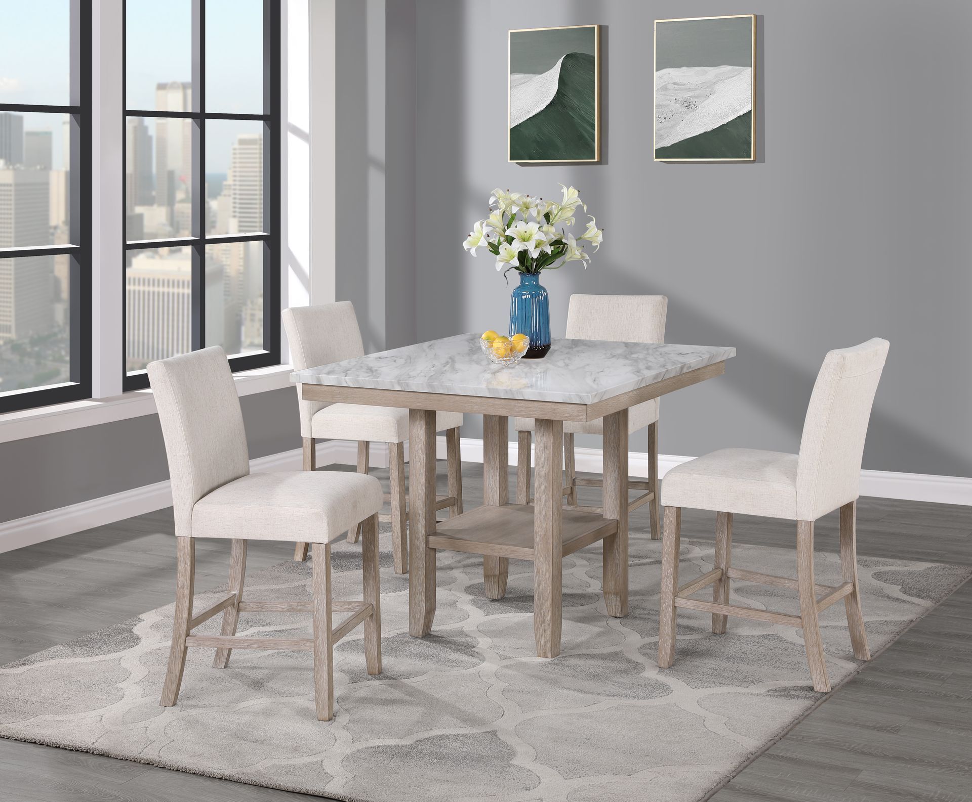 A dining room with a table and chairs and a vase of flowers on the table.