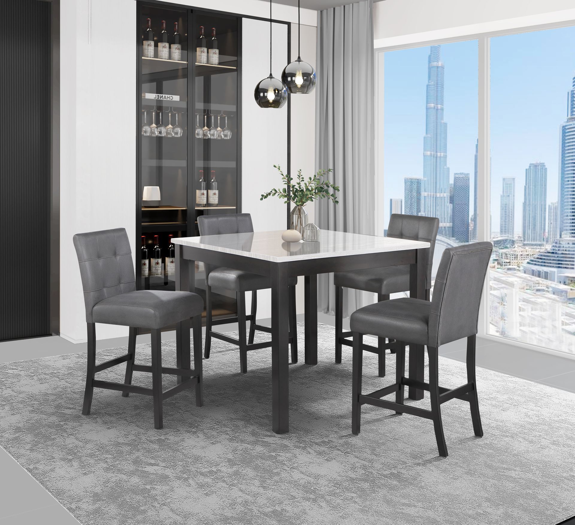 A dining room with a table and chairs and a view of the city