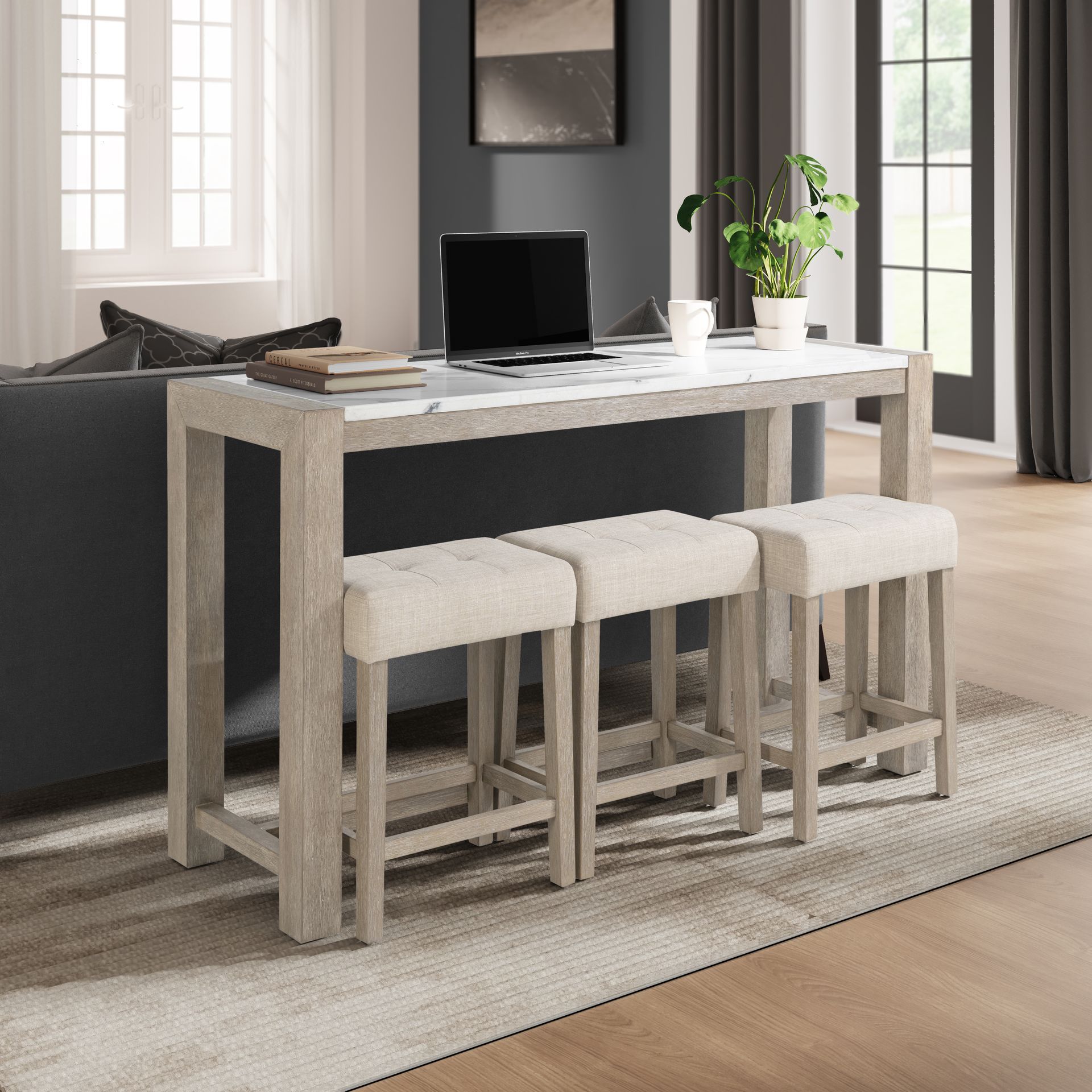 A living room with a table and stools and a laptop on it