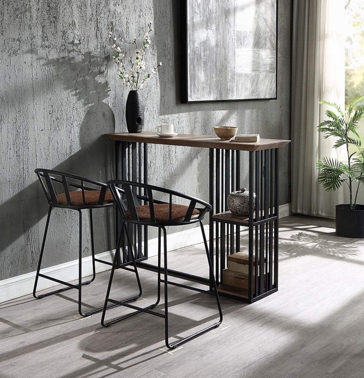 Two bar stools are sitting next to a table in a living room.