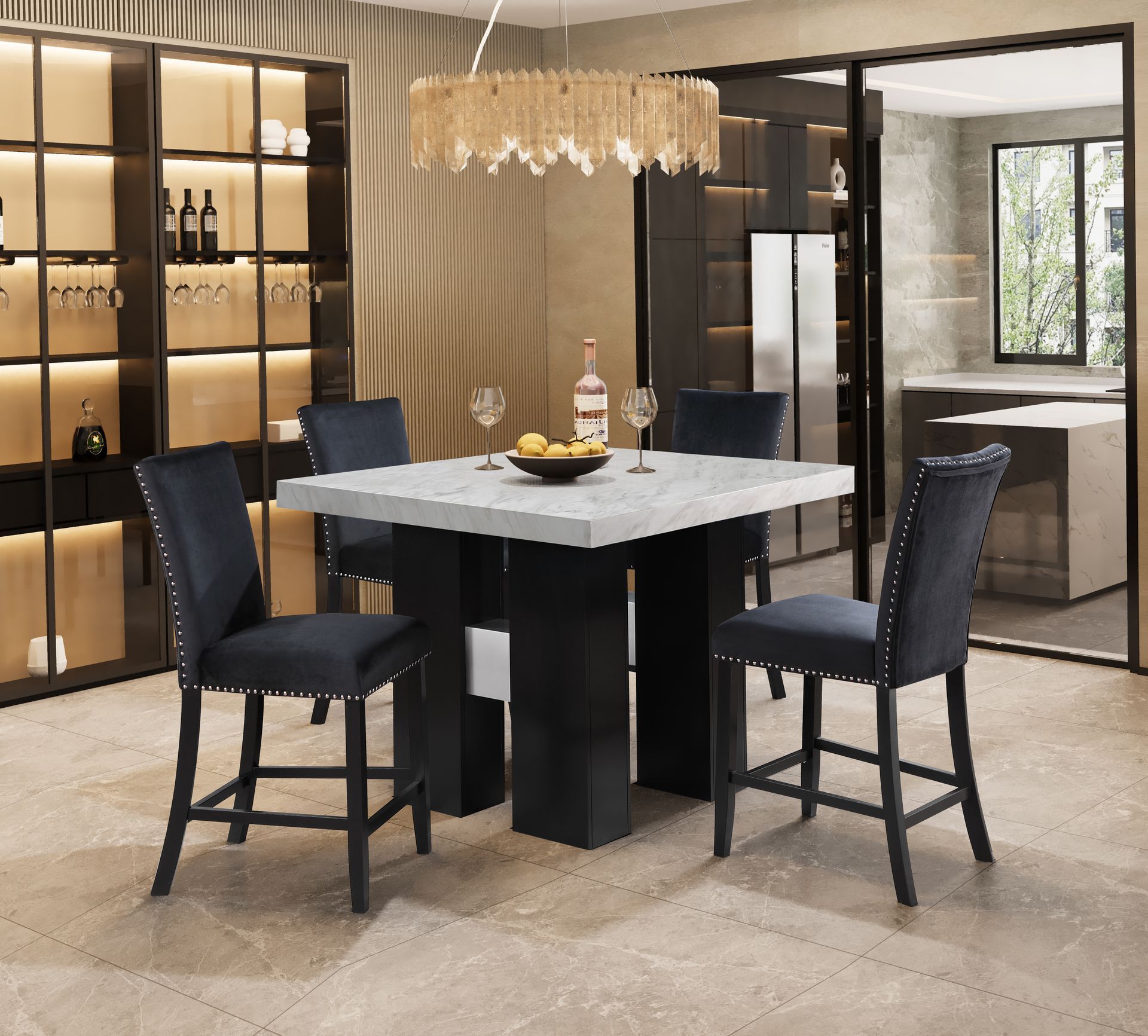 A dining room with a table and chairs and a chandelier