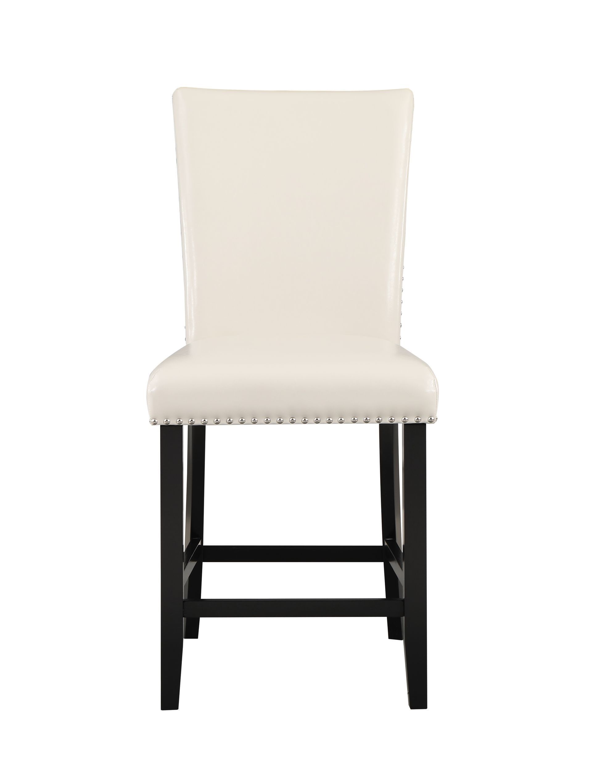 A white bar stool with black legs on a white background.