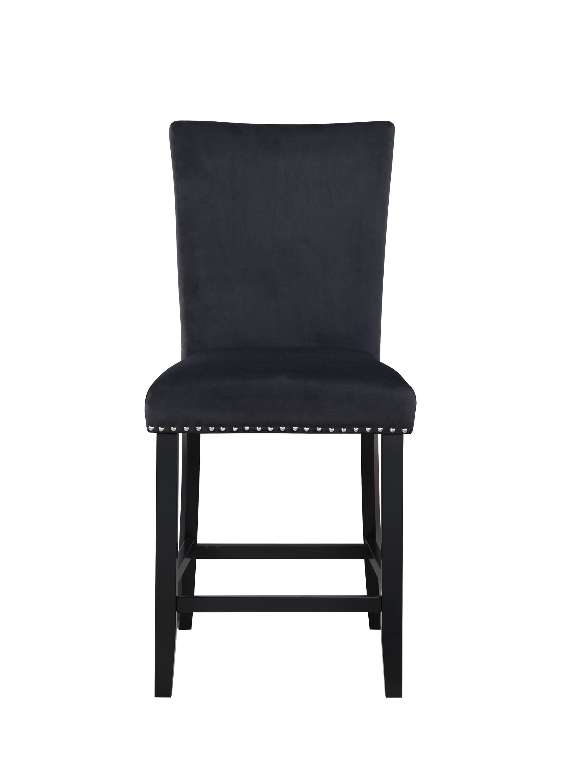 A black bar stool with studs on the back on a white background