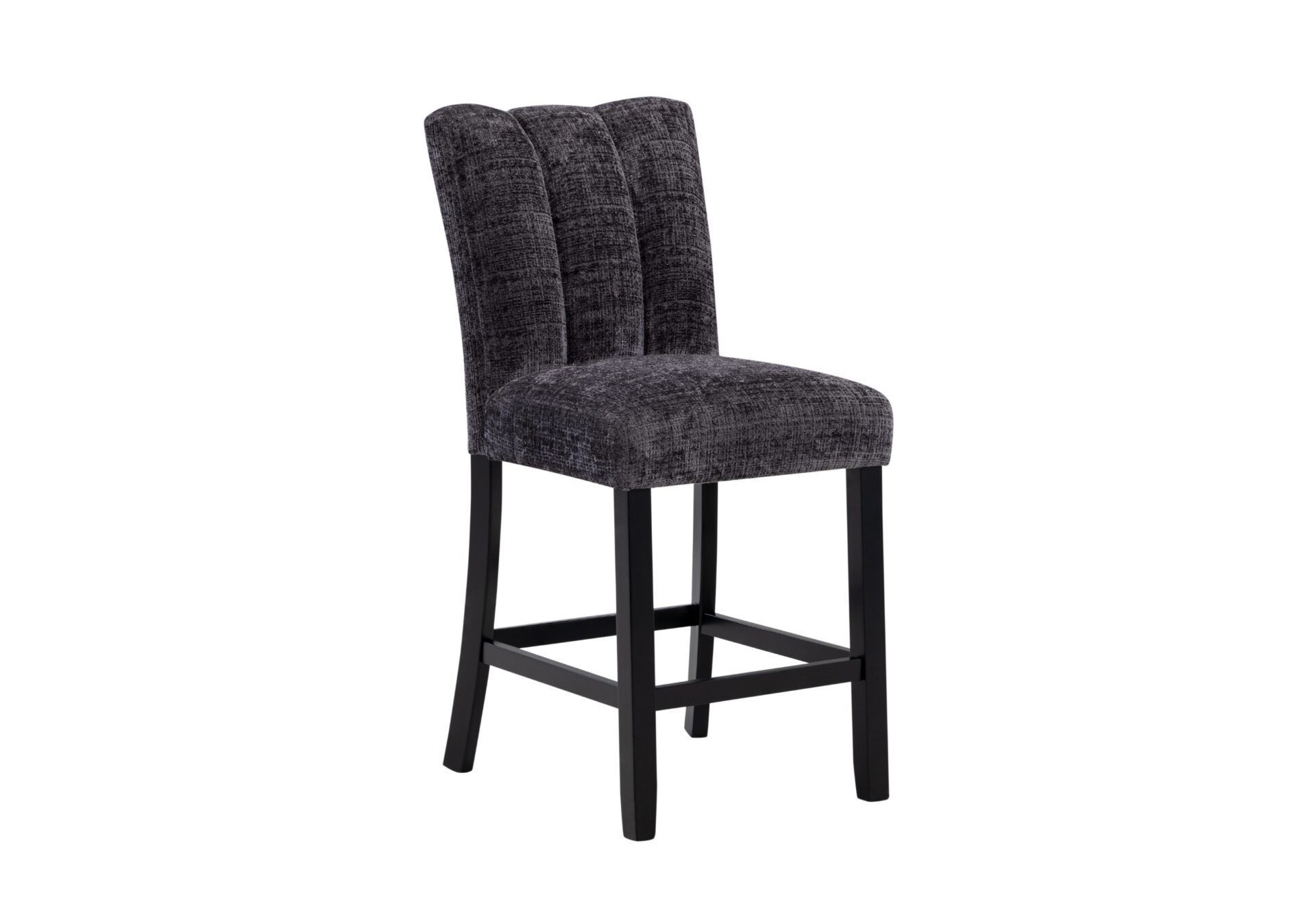 A gray bar stool with black legs on a white background.